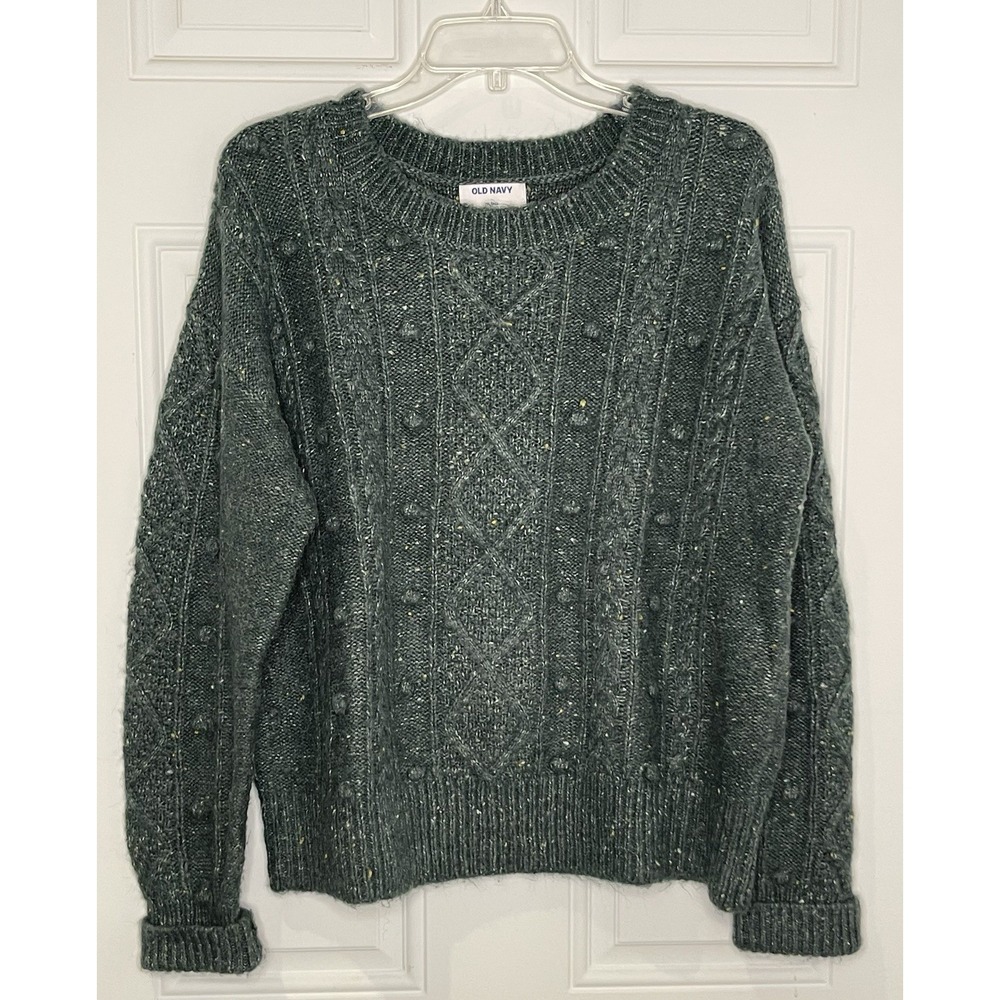 Old Navy Women's M Tall Sweater Green Cable Knit Popcorn Textured Crew Neck
